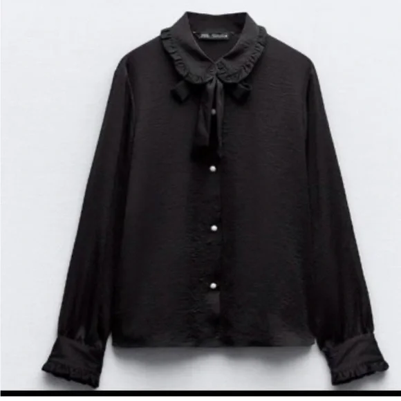 ZARA black satin effect tie collar shirt size medium - Picture 5 of 13